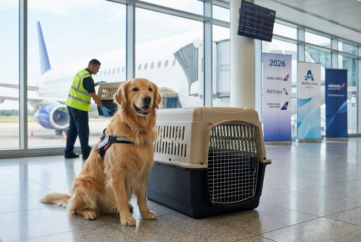 golden retriever dog in the airport
