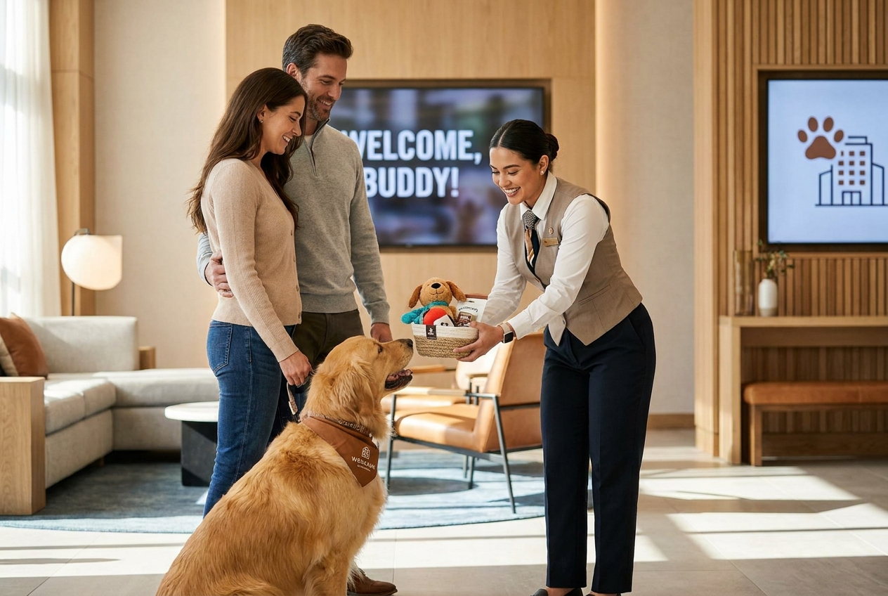Pet travel specialist interacting with a dog while its owners smile during a pet-friendly travel consultation