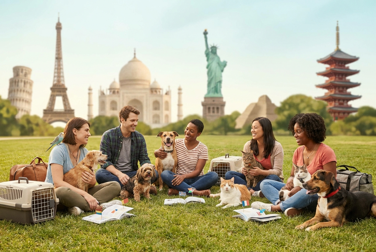 Group of friends with their pets having good time
