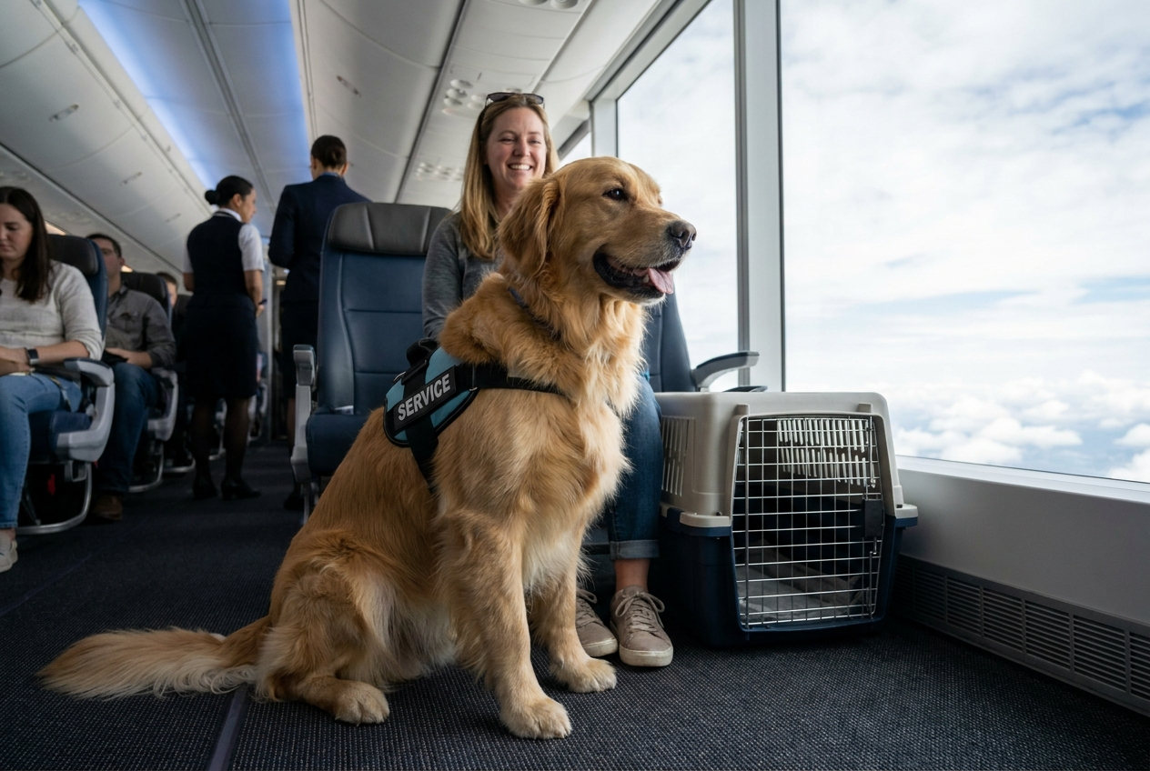 Golden Retriever sitting in an airplane seat with its owner during pet-friendly air travel without a crate