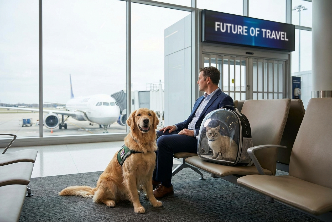 Pet owner with a dog waiting to board a flight at the airport for pet travel