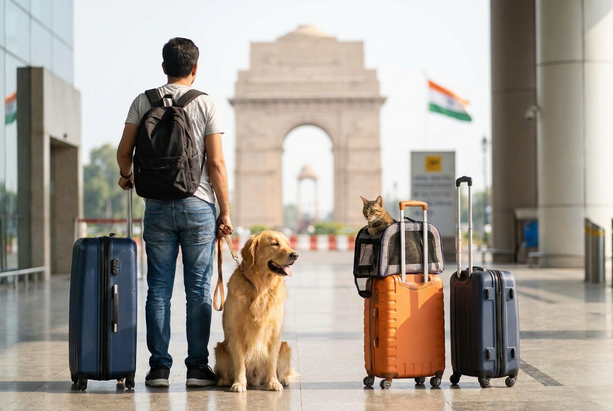 Man traveling with his dog and a cat in India