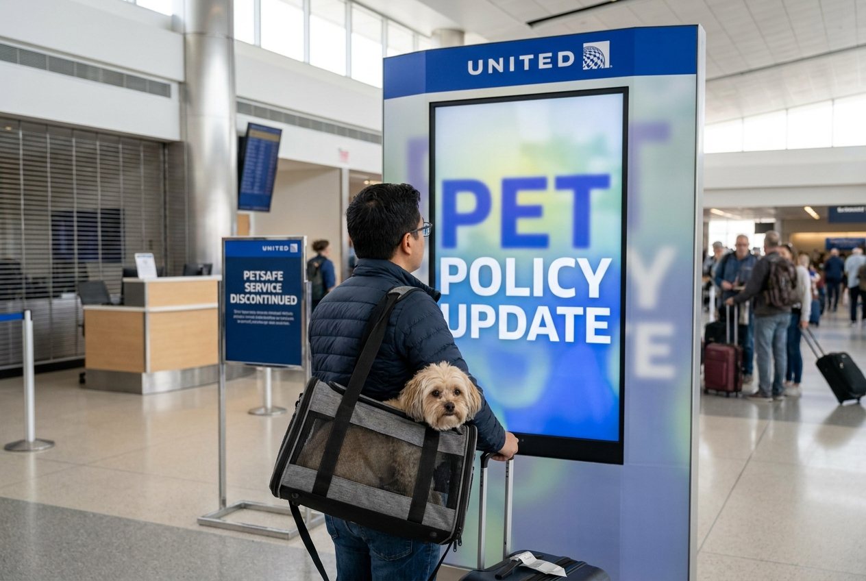Men in the airport with a dog reading United Airlines Pet Policy Review 2026: PetSafe Discontinued