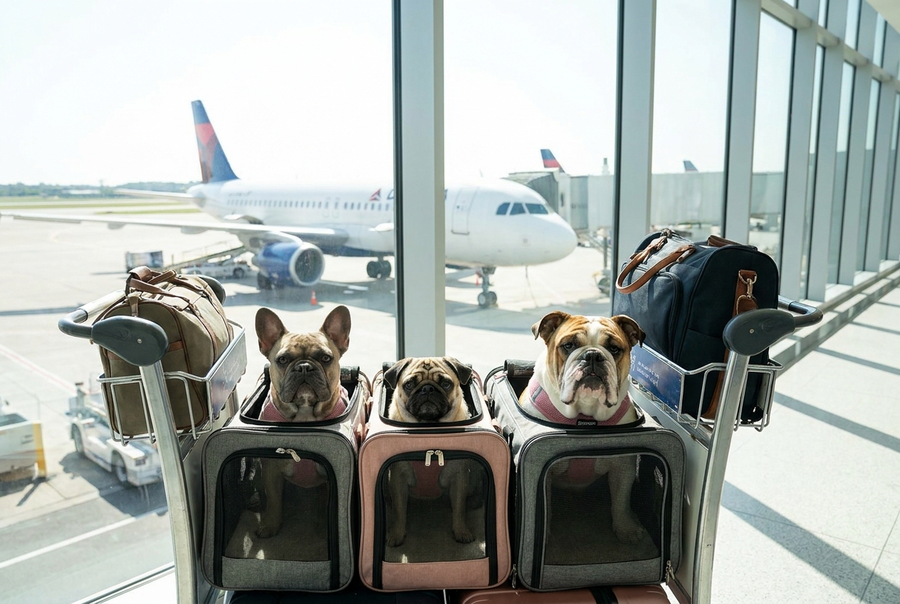 French bulldog, English Bulldog and snub-nosed dog in the airport, traveling