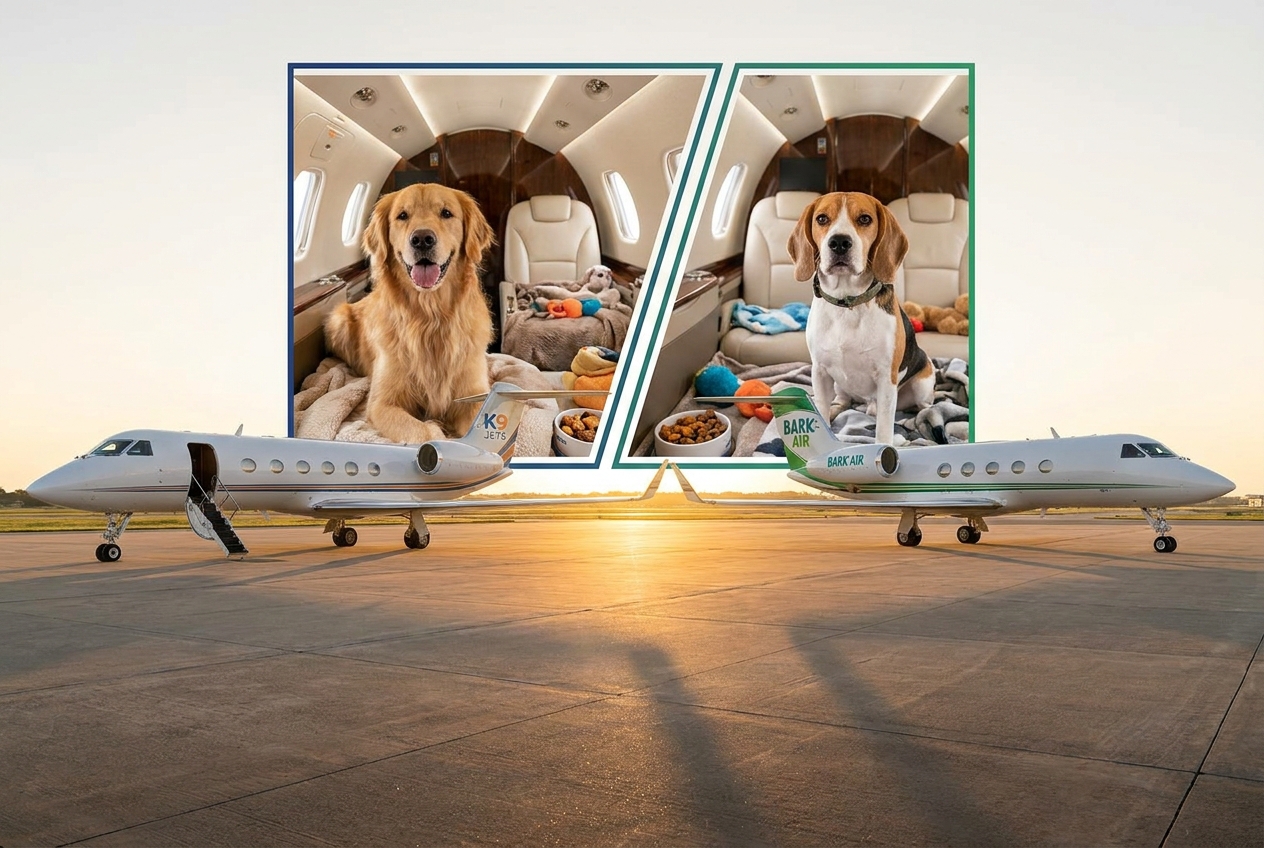 two dogs in private jets traveling