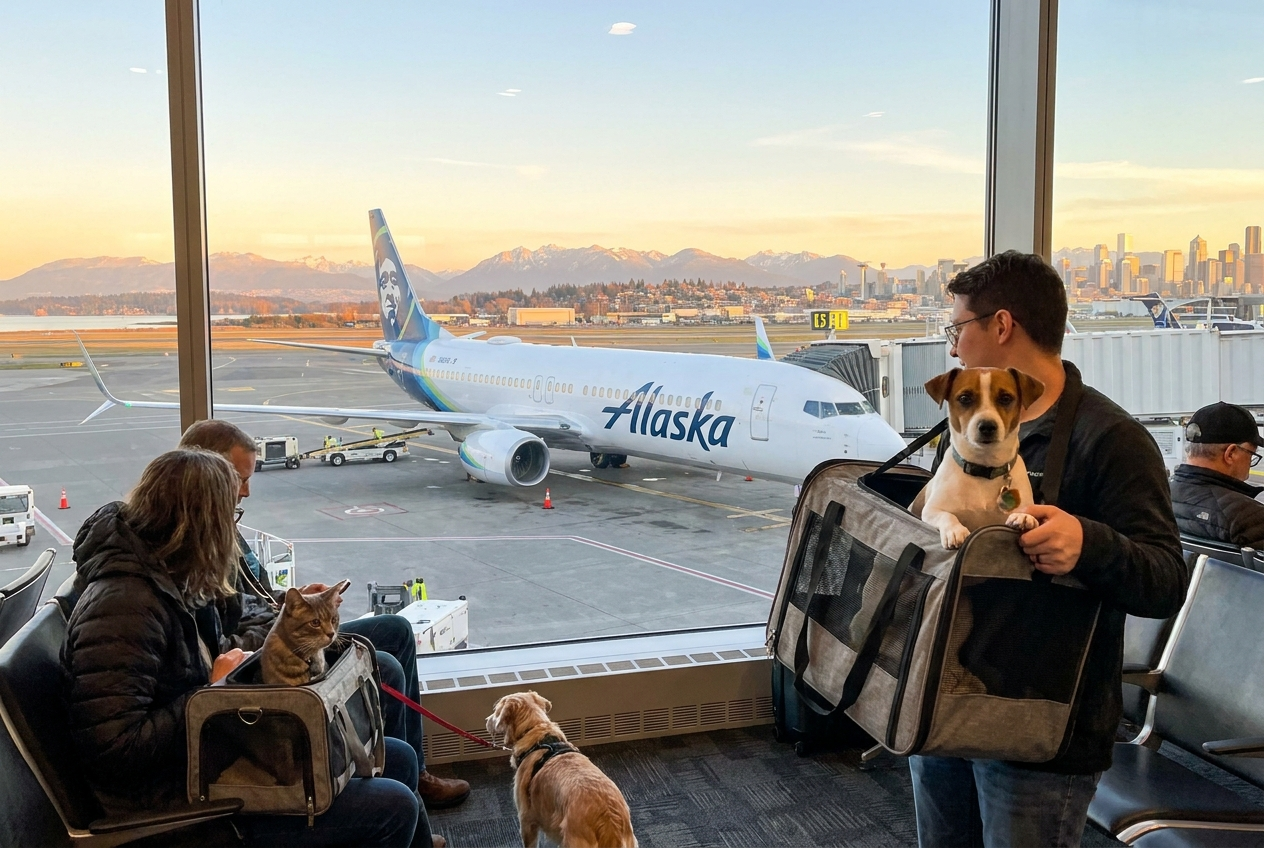 Alaska Airlines passengers with pets are waiting boarding time