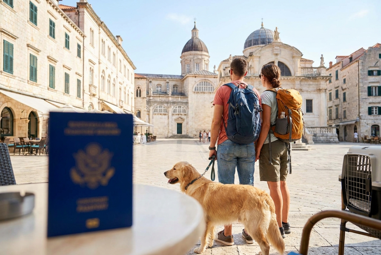 Couple traveling in Europe with a dog