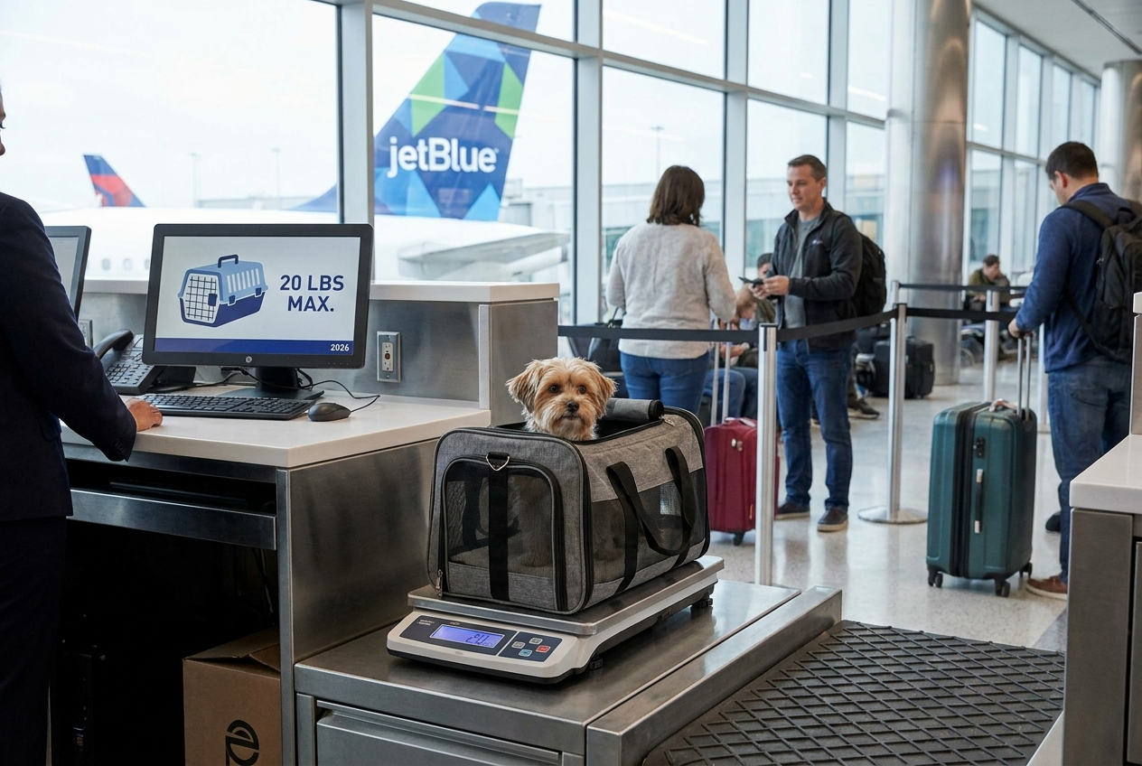 Dog is getting ready to travel in Cabin JetBlue