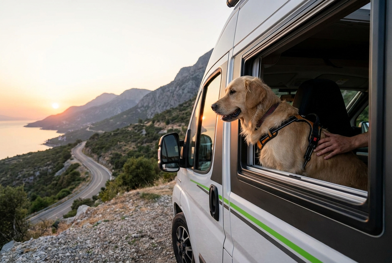 Dog is traveling by car