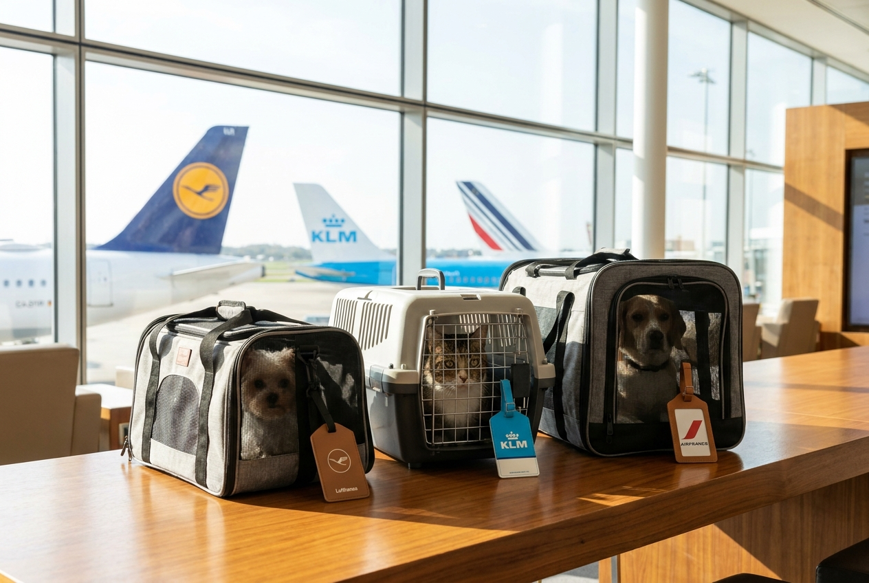 dogs and a cat in the airport waiting boarding