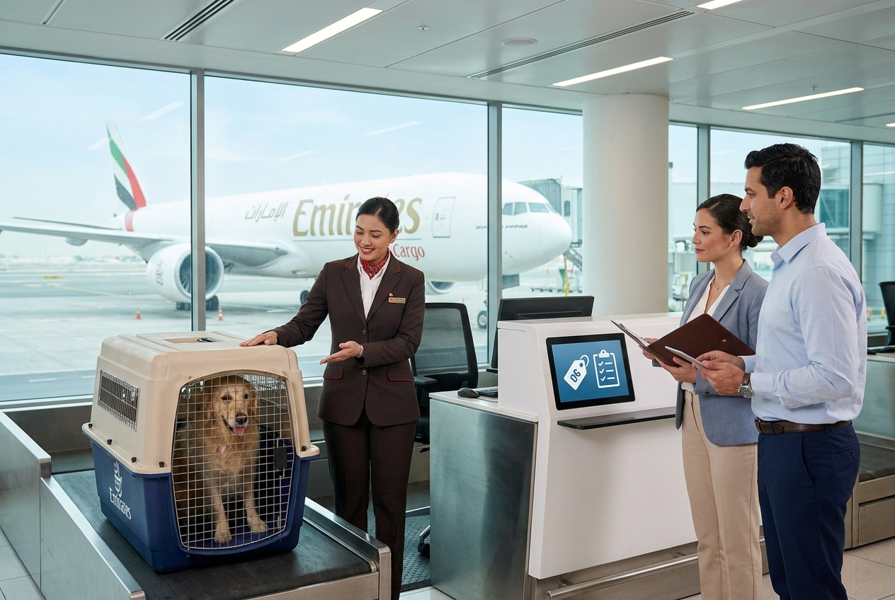 dog is getting ready to travel with Emirates SkyCargo