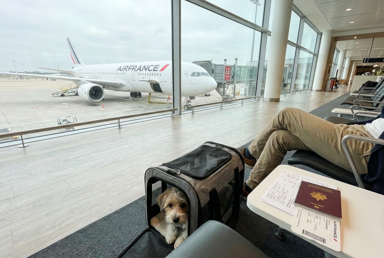 Dog and dog owner are waiting boarding time Air France
