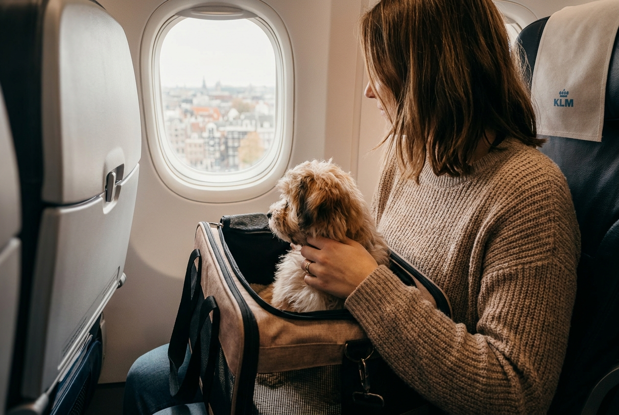 Woman sitting in the plane with her small dog in cabin