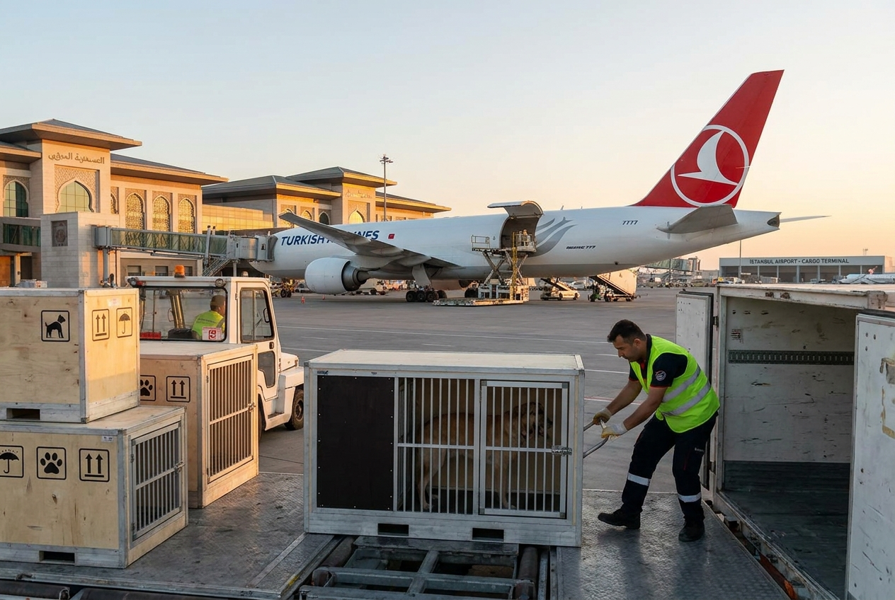Turkish Airlines airport stuff member puts dog in cargo