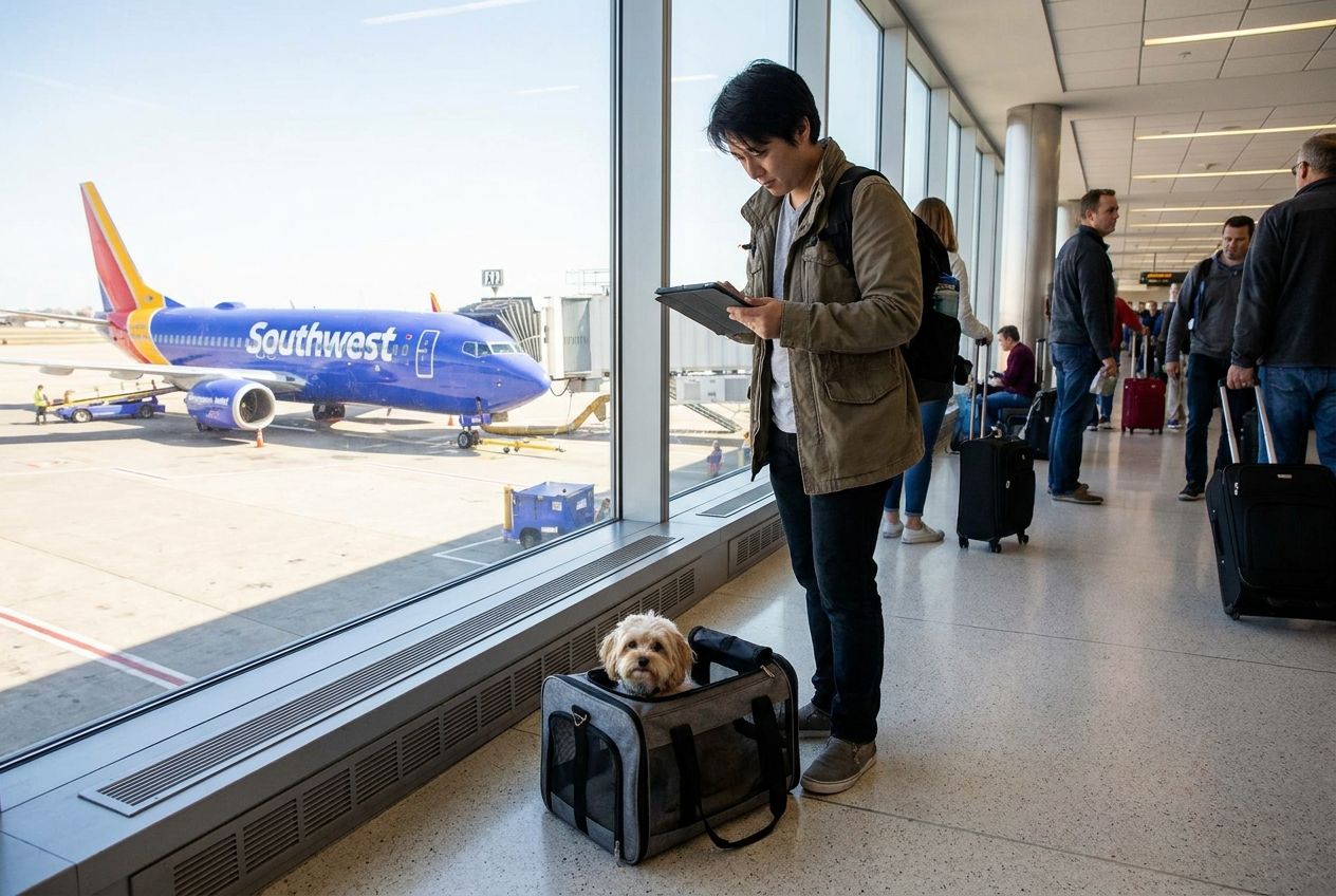 man at the airport with his dog waiting boarding - Southwest Airlines