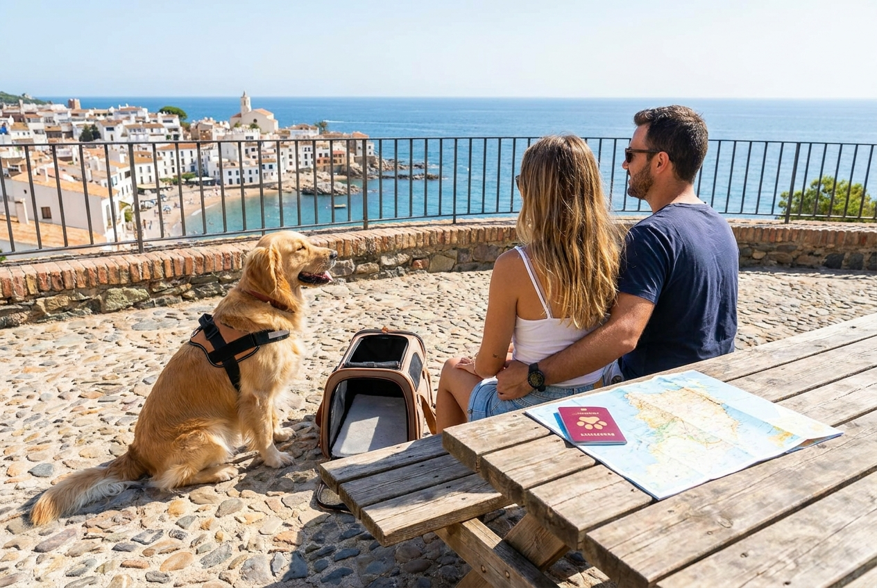 Couple with golden retriever in Spain