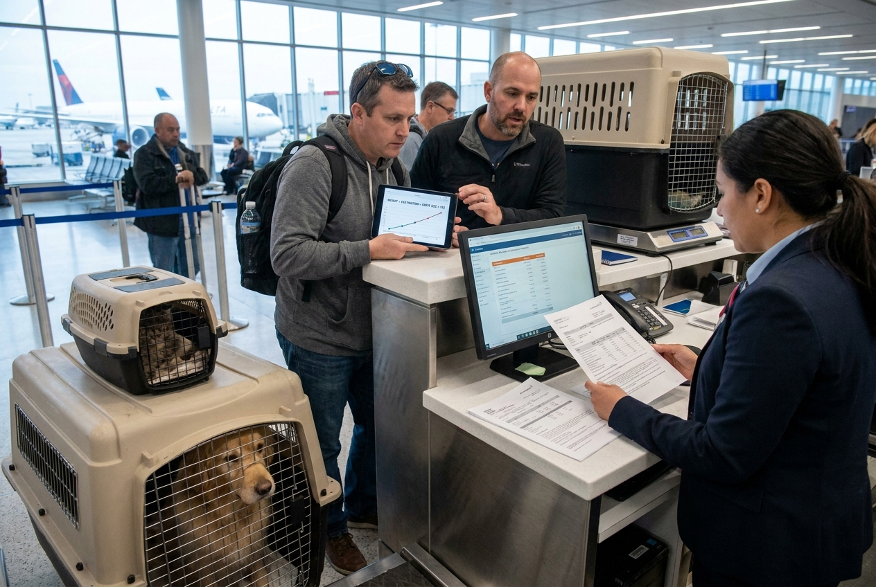 Hidden cost in pet travel, people arguing with airport staff