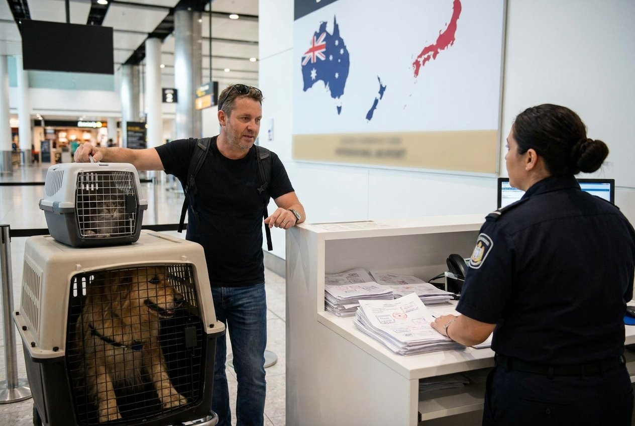 Man traveling with his dog and cat internationally