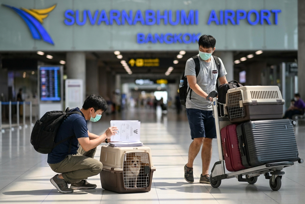 Two men with a dog in Bangkok airport