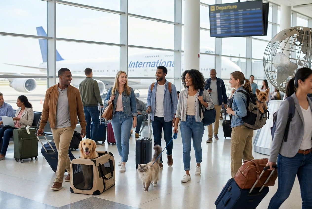 People at the airport walking with pets