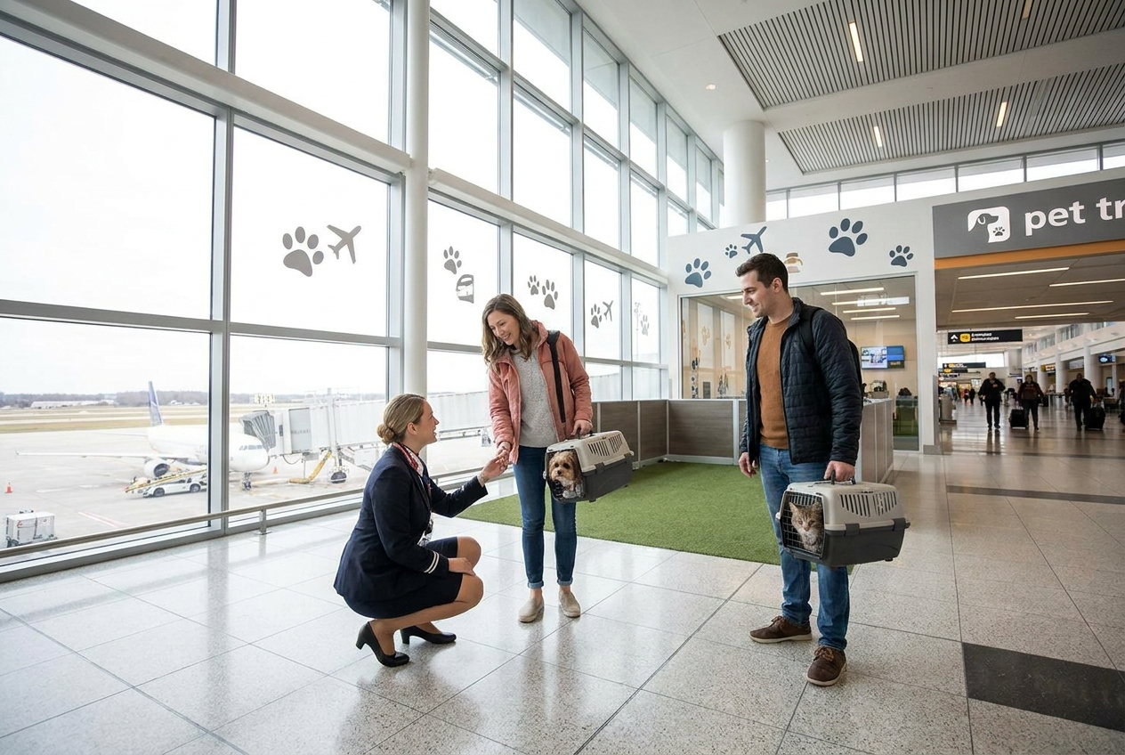 Pet owner with a dog waiting to board a flight at the airport for pet travel