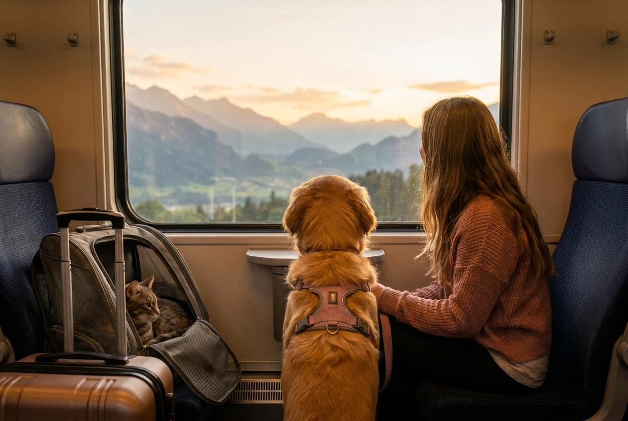 Girl in the train with her dog and a cat