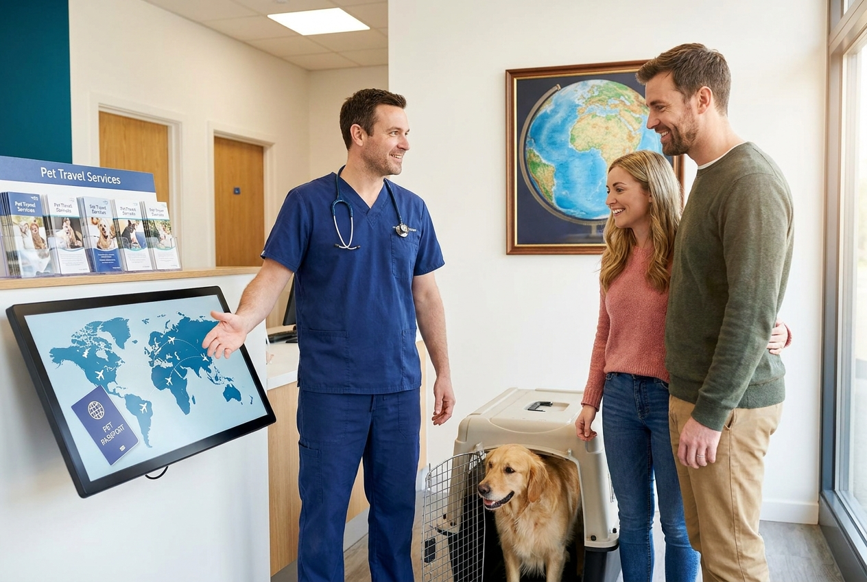 Veterinarian explaining international pet travel services to a couple and their dog at a veterinary clinic in 2026