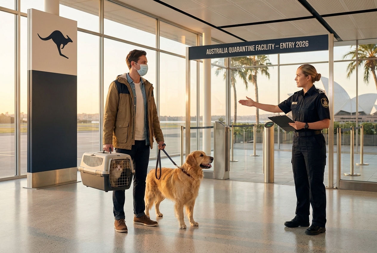 Pet owner traveling in Australia with a cat and a dog, Australia airport