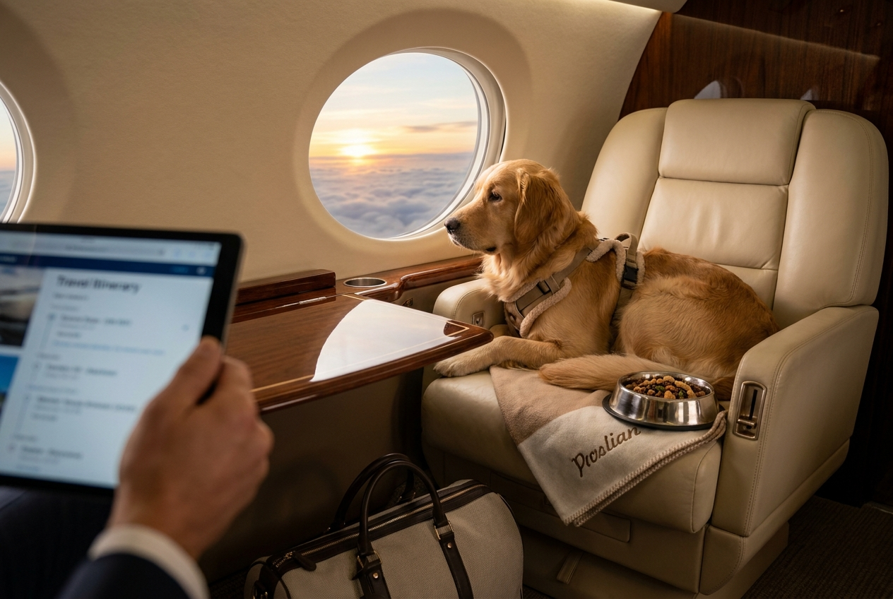 Golden retriever dog in private jet