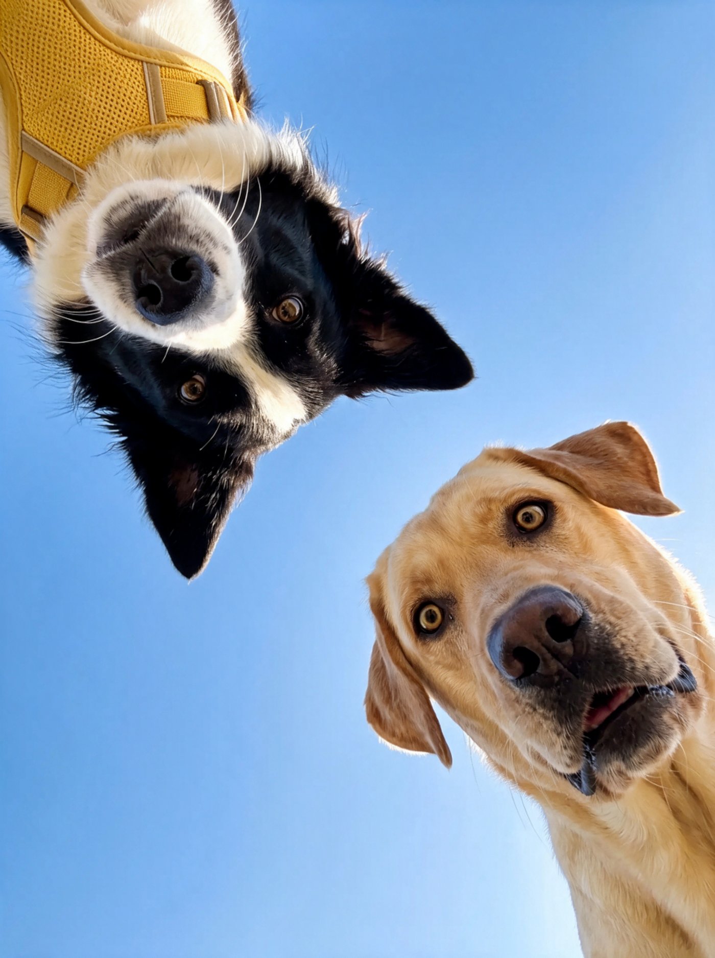 A border collie in a yellow harness and a Labrador looking down into the camera against a clear blue sky